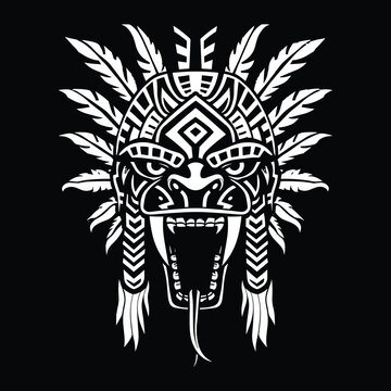 Snake head with feathers. Graphic sketch for posters, clothes, t-shirt design, pins, patches, badges, stickers.