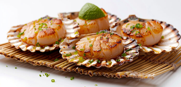 Dongying scallops in shell, broiled to a golden perfection with a splash of green lime, on a rustic brown mat, isolated on white