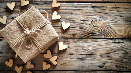 A rustic burlap gift box tied with twine, accompanied by scattered wooden heart cutouts on a weathered barn wood surface. - obrazy, fototapety, plakaty