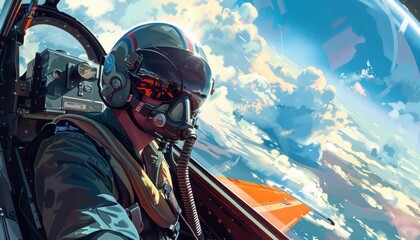 Fighter pilot in cockpit communicating during flight - obrazy, fototapety, plakaty