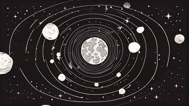 Black and white illustration of the solar system with the orbits of the planets on a dark background with stars.
Concept: astronomy and scientific publications, decor for a children's room