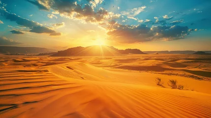 Muurstickers A breathtaking desert landscape at dawn, with the sun casting rays of light across the sandy terrain © Taisiia