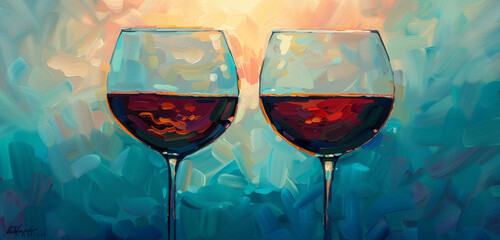 In the gentle embrace of dusk, two wine glasses filled with burgundy red wine toast, with shades of...