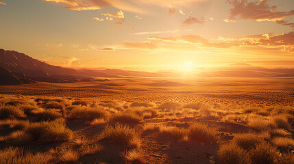 A breathtaking desert landscape at dawn as the sun casts rays of light across the sandy terrain - obrazy, fototapety, plakaty