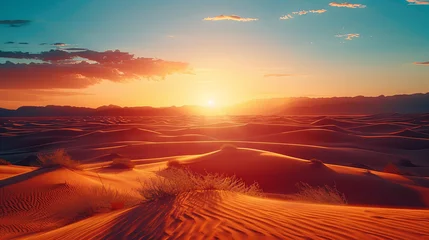 Deurstickers Beautiful sand desert at sunset with sun rays © Taisiia