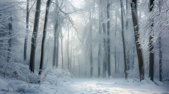 A snowy forest in the winter with trees covered in frost and snow.