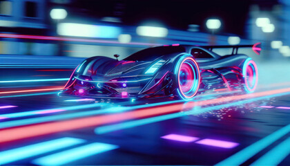 dynamic and highly stylized image of a sports car in motion, capturing the essence of speed and futuristic design. The car is sleek