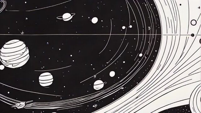 Black and white illustration of the solar system with the orbits of the planets on a dark background with stars.
Concept: astronomy and scientific publications, decor for a children's room