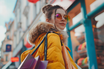 Model blogger, with sunglasses flipped upside down, smiles beautifully after her shopping adventure. - obrazy, fototapety, plakaty
