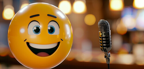 A close-up shot of a round yellow cartoon bubble emoticon with a microphone, blank label for text.