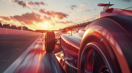 Race driver pass the finishing point and motion blur background during sunset. 3D rendering - obrazy, fototapety, plakaty