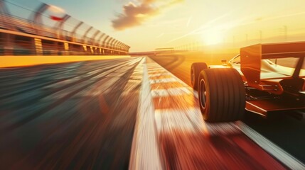 Race driver pass the finishing point and motion blur background during sunset. 3D rendering - obrazy, fototapety, plakaty