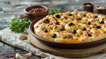 Focaccia with olives and rosemary served on the table