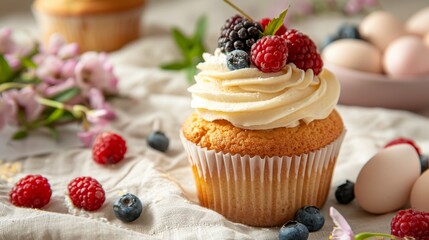 Homemade cupcake with cream and berries