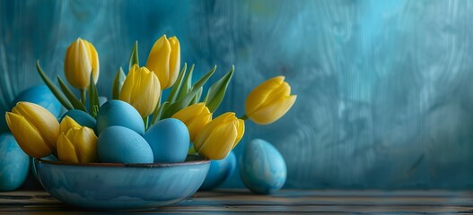 Easter background with yellow tulips and blue eggs in a bowl