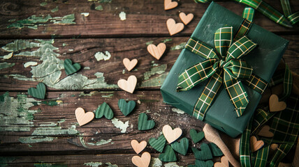 A festive green gift box tied with a plaid bow, accompanied by scattered wooden heart cutouts on a rustic wooden backdrop.