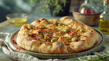 Focaccia with olives and rosemary served on the table