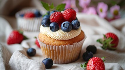 Homemade cupcake with cream and berries