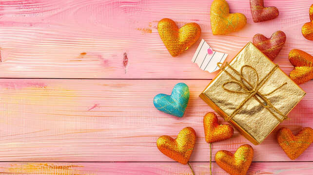 A golden gift box nestled among vibrant heart decorations on a pastel pink wooden background.
