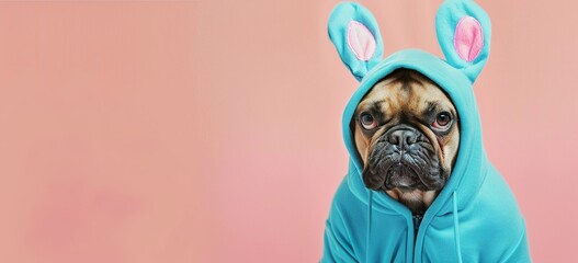 A cute French Bulldog dog in an Easter bunny costume
