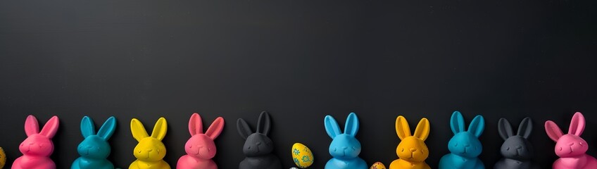 Black background with colorful Easter bunnies along the bottom border - obrazy, fototapety, plakaty