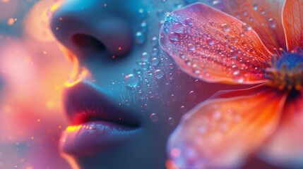 A close-up abstract image featuring a serene face amidst floral elements and water droplets, combining nature with a dreamlike aesthetic