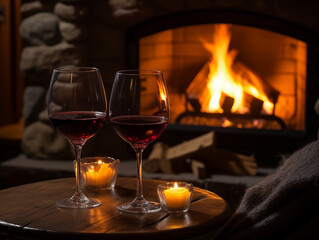 Wine Glasses in interior with Cosy Fireplace
