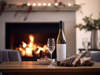 Fototapeta na wymiar Wine Glasses and Bottle of white Wine on background of Fireplace in Cosy Scandinavian Interior