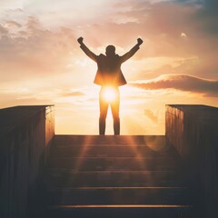 Silhouette of businessman celebrating raising arms on the top stairs with over sunlight.concept of leadership successful achievement with goal,winner,success,growth,achieve,up,win and objective target - obrazy, fototapety, plakaty