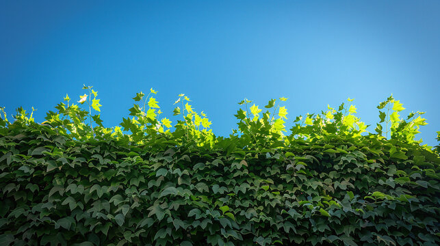 Photo of green hedge against blue sky.