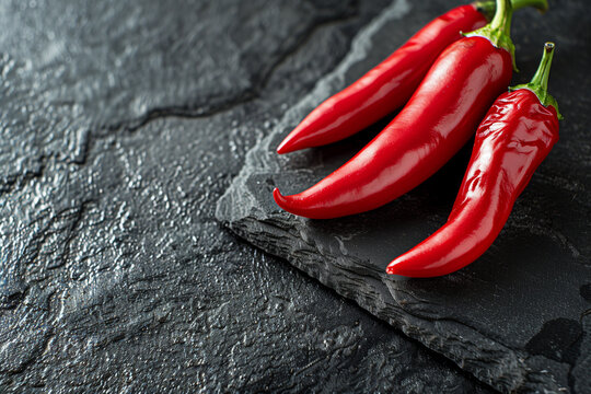 Three red chili peppers on black stone surface.