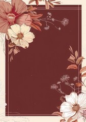 Obraz premium wedding invitation greeting Card background light burgundy frame, white border with floral decoration on the left side of the card, brown color scheme, line drawing style