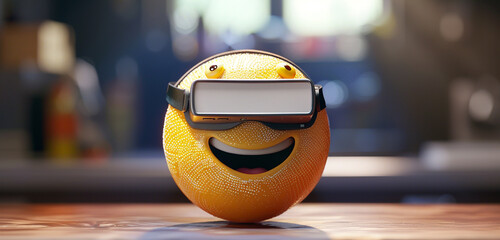 A macro photograph of a round yellow cartoon bubble emoticon wearing virtual reality goggles, blank...