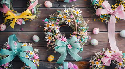 Vibrant Easter Wreaths with Pastel-Colored Ribbons and Spring Flowers
