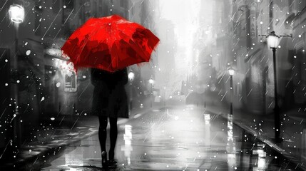 woman walking down the street with a red umbrella, ultra-fine detailed painting