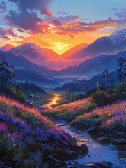 Candy-colored mountain panorama wallpaper, enriched with the tranquility of a zen garden and the charm of lavender fields