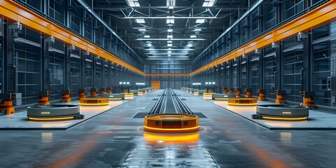 Operating an automated warehouse with robots, conveyor belts, and autonomous vehicles. Concept Robotics, Automation, Warehouse Management, Autonomous Vehicles, Industrial Technology