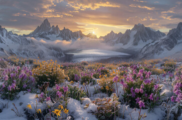 Bello paisaje de montaña nevado con flores y niebla, sobre fondo de montañas con puesta de sol entre nubes grises sobre las cimas montañosas

