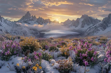 Fototapeten Bello paisaje de montaña nevado con flores y niebla, sobre fondo de montañas con puesta de sol entre nubes grises sobre las cimas montañosas   © Helena GARCIA