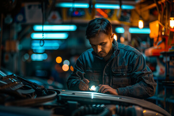 Mechanic inspecting a car with a torch in a works