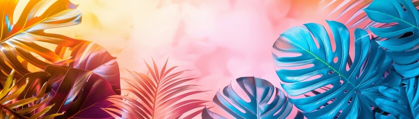 Lush tropical leaves set against a backdrop of soft pastel clouds, glowing with electric hues and a rainbow spectrum