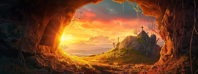 Jesus' resurrection at Easter, A dramatic scene of the empty tomb with an open stone door,