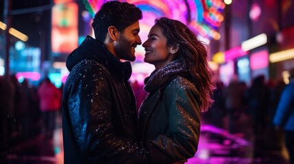 A couple is standing in the street, smiling at each other