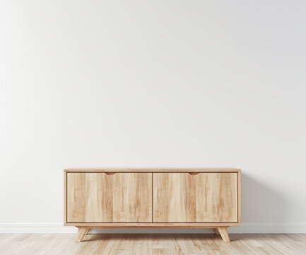 Empty white wall mockup with a wooden cabinet in an empty room with parquet floor. Wall mock up
