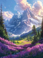 Mountain panorama wallpaper in candy colors, complemented by a zen garden and lavender fields for a peaceful backdrop