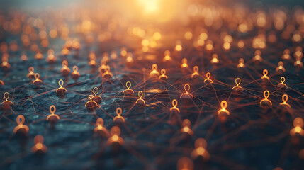 Warm sunset hues bathe a vast network of connected pins, illustrating a concept of global connectivity and networked communication - obrazy, fototapety, plakaty