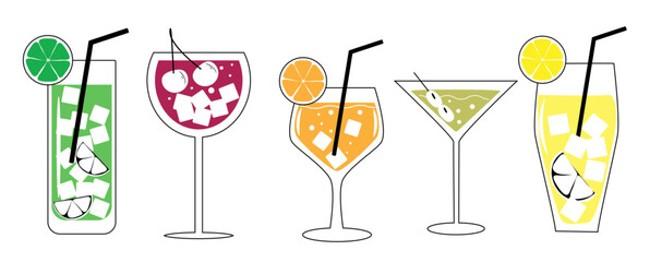 A set of cocktails and drinks in different glasses according to the menu. Alcoholic drinks. Vector illustration.