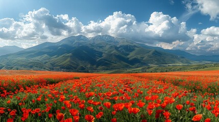 Field of Orange Flowers With Background Mountains