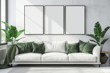 3 pice wall art mockup. 3 black empty poster frames on a wall in a white and green room interior. 3...
