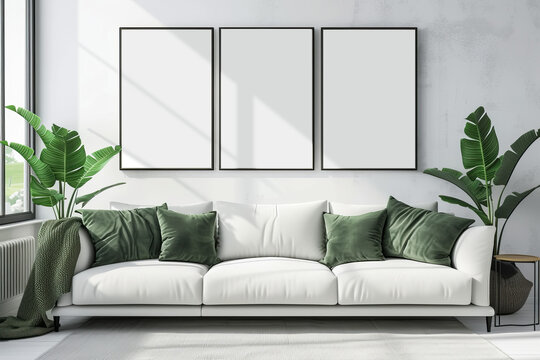 3 pice wall art mockup. 3 black empty poster frames on a wall in a white and green room interior. 3 piece gallery wall mockup.